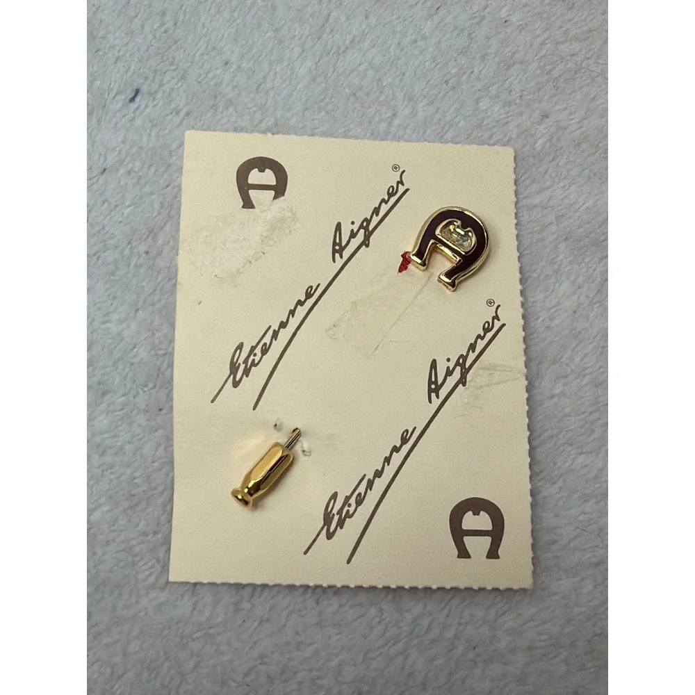 VTG 70s NOS Etienne Aigner Lapel Pin Womens Gold Burgundy Enamel Logo Stick Pin